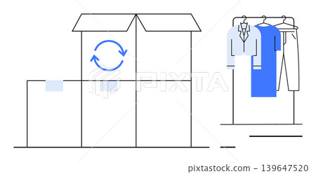 Sustainability, packaging, clothing return process, logistics, eco-friendly practices, circular economy. Minimalist illustration of boxes with recycling icon and garments on a rack. Sustainability 139647520