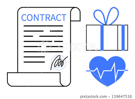 Business agreements, gift services, healthcare, commitment, legal contracts, loyalty programs. A signed contract, heart with pulse and gift box. Legal contracts and healthcare concepts 139647538