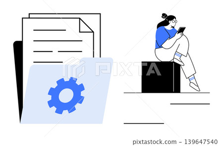 File management, productivity, digital documentation, technology use, workflow, task organization. A folder with a gear icon and a woman using a tablet. File management and productivity concept File management, productivity, digital documentation, technology use, workflow, task organization. A folder with a gear icon and a woman using a tablet. File management and productivity concept 139647540