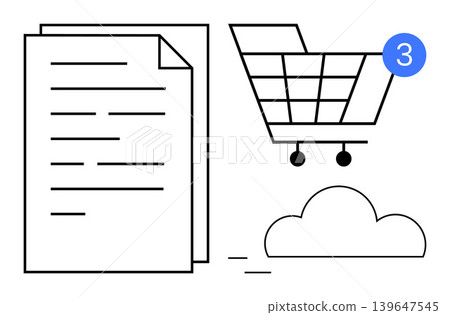 Online shopping, ecommerce, digital notifications, cloud technology, data storage, file sharing. Shopping cart notification icon, documents and a cloud symbol. Online shopping and ecommerce Online shopping, ecommerce, digital notifications, cloud technology, data storage, file sharing. Shopping cart notification icon, documents and a cloud symbol. Online shopping and ecommerce 139647545