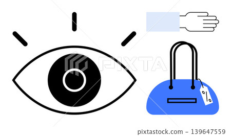 Retail, observation, shopping habits, security, consumer behavior, visual design. Black eye symbol, extended hand and a blue handbag with a price tag. Retail and observation concept Retail, observation, shopping habits, security, consumer behavior, visual design. Black eye symbol, extended hand and a blue handbag with a price tag. Retail and observation concept 139647559