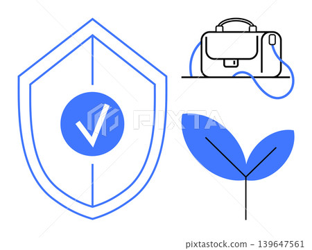 Digital security, eco-consciousness, business solutions, protection, reliability, growth. Blue shield with a checkmark, briefcase and leaf. Digital security and eco-consciousness concept Digital security, eco-consciousness, business solutions, protection, reliability, growth. Blue shield with a checkmark, briefcase and leaf. Digital security and eco-consciousness concept 139647561