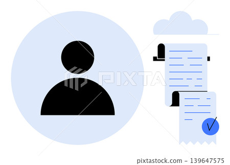 User authentication, digital identity, document verification, online security, data certification, cloud services. Person icon beside a verified document. User authentication and digital identity User authentication, digital identity, document verification, online security, data certification, cloud services. Person icon beside a verified document. User authentication and digital identity 139647575