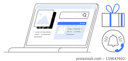 E-commerce, online services, notifications, user interface, digital communication, gift-sharing. A laptop screen displays a search bar, webpage and gift and bell icons. E-commerce and online E-commerce, online services, notifications, user interface, digital communication, gift-sharing. A laptop screen displays a search bar, webpage and gift and bell icons. E-commerce and online 139647602