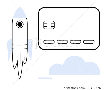 Banking innovation, financial technology, digital transactions, startups, economy growth, payment solutions. Rocket beside a credit card above a cloud. Banking innovation and financial technology Banking innovation, financial technology, digital transactions, startups, economy growth, payment solutions. Rocket beside a credit card above a cloud. Banking innovation and financial technology 139647636