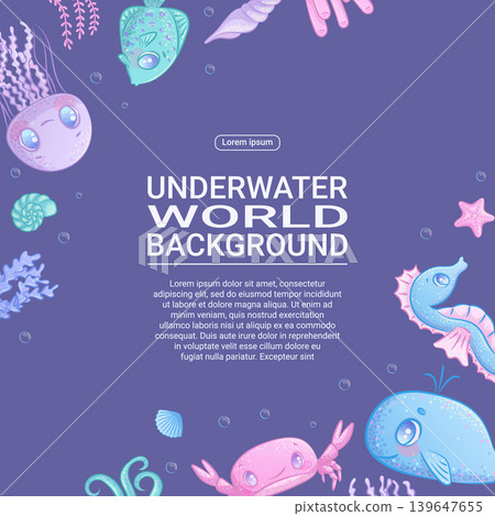 Colorful background with cute cartoon sea animals. Whale, jellyfish, octopus, fish, seahorse, turtle, crab, star. Children's vector illustration for the design of poster, flyer, postcard, invitation Colorful background with cute cartoon sea animals. Whale, jellyfish, octopus, fish, seahorse, turtle, crab, star. Children's vector illustration for the design of poster, flyer, postcard, invitation 139647655