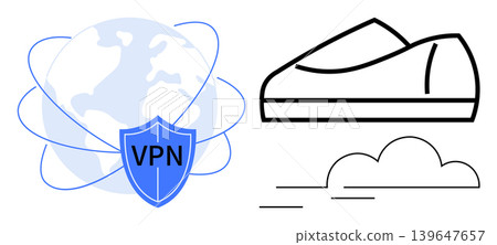 Cybersecurity, global protection, internet privacy, online security, e-commerce, digital lifestyle. VPN shield icon over globe and minimalistic drawing of shoe and cloud. Cybersecurity and global Cybersecurity, global protection, internet privacy, online security, e-commerce, digital lifestyle. VPN shield icon over globe and minimalistic drawing of shoe and cloud. Cybersecurity and global 139647657
