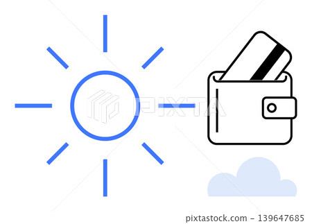 Renewable energy, sustainable finance, digital payments, eco-friendly living, cost efficiency, green investments. A sun, wallet and credit card symbol. Renewable energy and sustainable finance 139647685