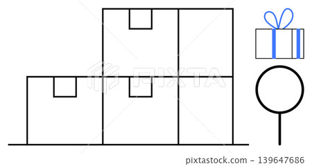 E-commerce, delivery services, logistics, gift packaging, product search, warehousing. Stacked boxes with a gift icon and magnifying glass. E-commerce and delivery services E-commerce, delivery services, logistics, gift packaging, product search, warehousing. Stacked boxes with a gift icon and magnifying glass. E-commerce and delivery services 139647686