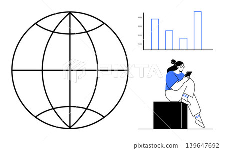 Global communication, technology trends, data visualization, analytics, remote work, digital solutions. A globe, bar graph and individual with tablet. Global communication and technology trends Global communication, technology trends, data visualization, analytics, remote work, digital solutions. A globe, bar graph and individual with tablet. Global communication and technology trends 139647692