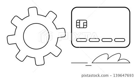 Payment systems, automation, financial services, digital transactions, e-commerce, technological solutions. Gear icon next to credit card outline. Payment systems and automation Payment systems, automation, financial services, digital transactions, e-commerce, technological solutions. Gear icon next to credit card outline. Payment systems and automation 139647693
