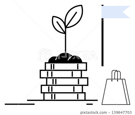 Business growth, sustainability, finance, eco-investment, green economy, entrepreneurship. Stack of coins with a sprout, flag and shopping bag. Business growth and sustainability theme Business growth, sustainability, finance, eco-investment, green economy, entrepreneurship. Stack of coins with a sprout, flag and shopping bag. Business growth and sustainability theme 139647703