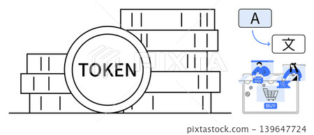 Cryptocurrency, e-commerce, multilingual platform, blockchain, online transactions, tokenization. Illustration of token stacks and language features for a global shopping platform. Cryptocurrency 139647724