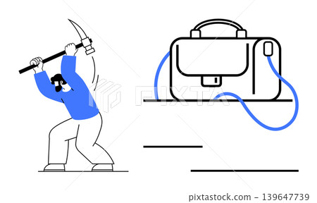 Work exploitation, digital security, financial disruption, resource extraction, data processing, labor conflict. Man with pickaxe and bag. Work exploitation and digital security 139647739