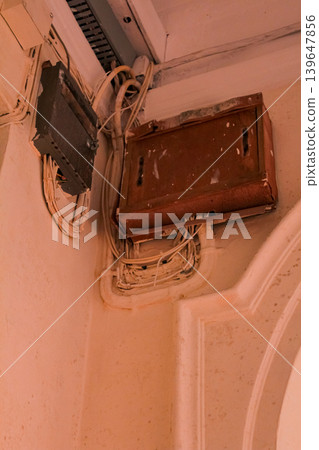 Close-up of the power distribution box in the old building in Hong Kong. Electrical equipment. 139647856