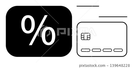 Banking, finance, online shopping, discount offers, payment methods, financial security. Black percentage sign and credit card icon in minimalist style. Finance and online shopping concept 139648228