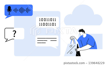 Artificial intelligence, cloud services, e-commerce, voice assistants, binary code, digital interaction. Speech bubble with microphone and binary code, person shopping bags. AI and cloud services Artificial intelligence, cloud services, e-commerce, voice assistants, binary code, digital interaction. Speech bubble with microphone and binary code, person shopping bags. AI and cloud services 139648229