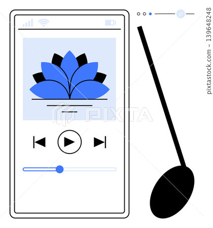 Streaming services, audio apps, music technology, digital sound, mobile media, smartphone interfaces. A phone screen displays a music player. Streaming services and audio apps concept Streaming services, audio apps, music technology, digital sound, mobile media, smartphone interfaces. A phone screen displays a music player. Streaming services and audio apps concept 139648248