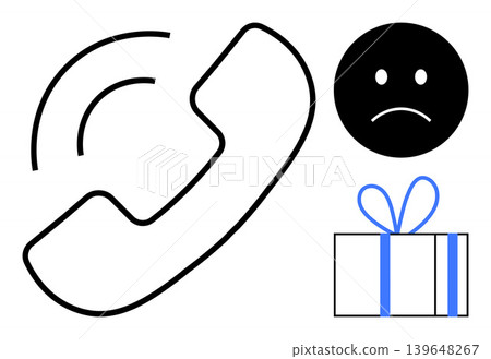 Communication issues, customer service, feedback, gift delivery problems, emotional response, support. Sad face, phone receiver gift box. Communication and customer service concept Communication issues, customer service, feedback, gift delivery problems, emotional response, support. Sad face, phone receiver gift box. Communication and customer service concept 139648267