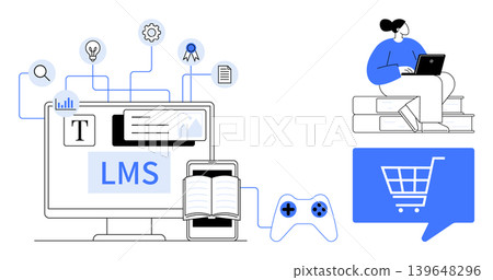 Education, e-learning, technology, online shopping, remote work, gaming. LMS interface surrounded by icons and tools. Education and e-learning with interactive design Education, e-learning, technology, online shopping, remote work, gaming. LMS interface surrounded by icons and tools. Education and e-learning with interactive design 139648296