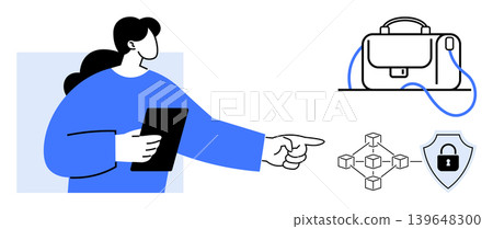 Blockchain technology, digital security, business solutions, data protection, information security, remote work. Woman holding tablet and pointing at icons of blockchain, shield lock, and briefcase Blockchain technology, digital security, business solutions, data protection, information security, remote work. Woman holding tablet and pointing at icons of blockchain, shield lock, and briefcase 139648300