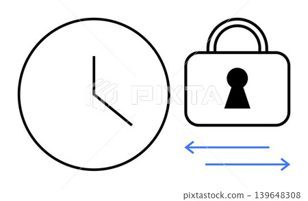 Time management, data security, information encryption, secure file transfer, digital privacy, cybersecurity. Clock adjacent to a padlock with arrows. Time management and data security Time management, data security, information encryption, secure file transfer, digital privacy, cybersecurity. Clock adjacent to a padlock with arrows. Time management and data security 139648308