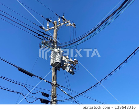 Power lines, utility poles, and pole-mounted transformers (pole transformers) are strung throughout the city. Power lines, utility poles, and pole-mounted transformers (pole transformers) are strung throughout the city. 139648316