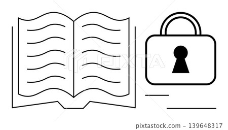 Knowledge protection, data security, information privacy, intellectual property, digital rights, education security. Open book and a lock icon. Knowledge protection and data security concept 139648317