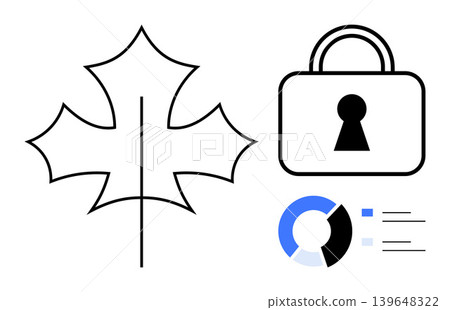 Data privacy, national security, cybersecurity, analytics, technology security, online protection. Image shows a lock, maple leaf and data chart. Data privacy and national security 139648322