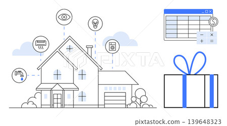 Smart homes, automation, budgeting, energy efficiency, home technology, security. Illustration shows a connected house with smart features and financial planning elements. Smart homes and automation Smart homes, automation, budgeting, energy efficiency, home technology, security. Illustration shows a connected house with smart features and financial planning elements. Smart homes and automation 139648323