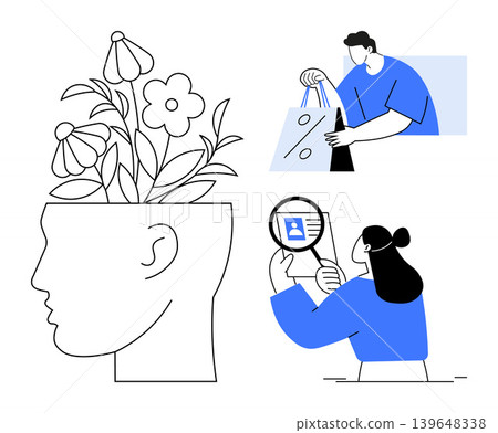 Creativity, digital identity, e-commerce, online shopping, innovative thinking, personal growth. Head filled with flowers, figure holding shopping bags, another examining ID with magnifier Creativity, digital identity, e-commerce, online shopping, innovative thinking, personal growth. Head filled with flowers, figure holding shopping bags, another examining ID with magnifier 139648338