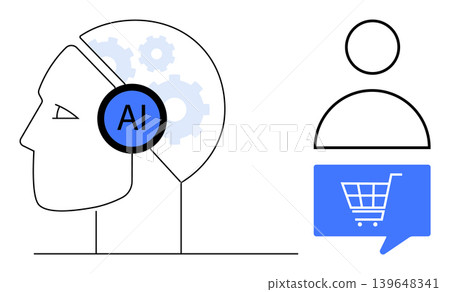 Artificial intelligence, e-commerce innovation, digital retail, AI-powered shopping, machine learning, and customer behavior analysis. Head with AI icon, shopping cart and person avatar. Artificial 139648341