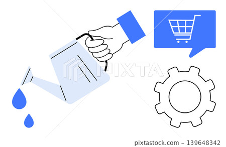 Business growth, e-commerce, process optimization, nurturing ideas, financial success, online strategy. A hand pouring water with a shopping cart icon and gearwheel symbol. Business growth Business growth, e-commerce, process optimization, nurturing ideas, financial success, online strategy. A hand pouring water with a shopping cart icon and gearwheel symbol. Business growth 139648342