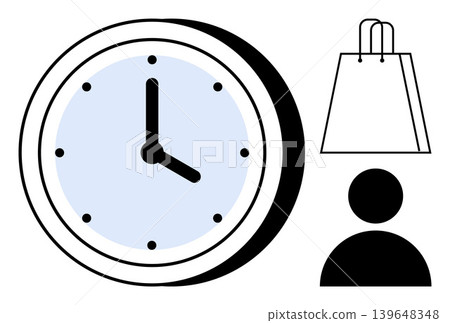 Time tracking, shopping habits, consumer behavior, business scheduling, retail planning, personal organization. A clock with a shopping bag and person icon. Time tracking and shopping habits Time tracking, shopping habits, consumer behavior, business scheduling, retail planning, personal organization. A clock with a shopping bag and person icon. Time tracking and shopping habits 139648348
