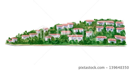 Watercolor illustration with a panoramic view of a seaside village located on a gentle green hill, against an isolated background. This horizontal composition is designed as a modular element to 139648350
