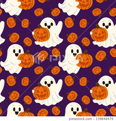 Halloween seamless pattern with ghosts and pumpkins. Vector Illustration. purple background Halloween seamless pattern with ghosts and pumpkins. Vector Illustration. purple background 139648479