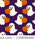 seamless pattern with cute ghosts and pumpkins. Halloween. Vector Illustration on purple background 139648480