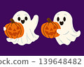 Cute ghosts with pumpkins on a purple background. vector design 139648482