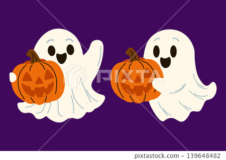 Cute ghosts with pumpkins on a purple background. vector design Cute ghosts with pumpkins on a purple background. vector design 139648482