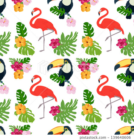 Bright seamless pattern with flamingos, toucans and hibiscus flowers on a white background Bright seamless pattern with flamingos, toucans and hibiscus flowers on a white background 139648606