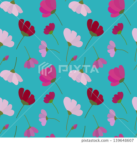 Modern seamless floral pattern with stylized pink and purple flowers on bright turquoise background. Modern seamless floral pattern with stylized pink and purple flowers on bright turquoise background. 139648607