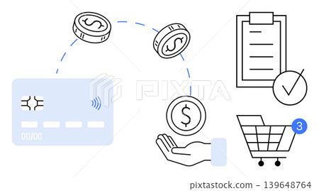 Financial technology, e-commerce, online shopping, payment system, digital transactions, spending management. Credit card with wireless payment symbol, hand with coins cart and checklist. Financial Financial technology, e-commerce, online shopping, payment system, digital transactions, spending management. Credit card with wireless payment symbol, hand with coins cart and checklist. Financial 139648764