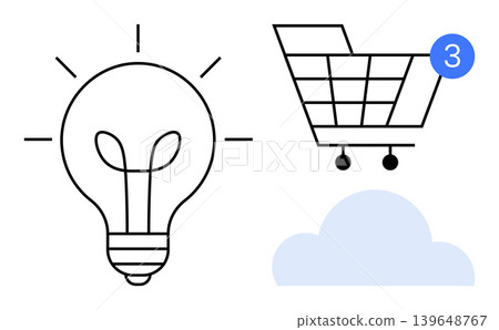 Innovation, e-commerce, cloud services, digital technology, creative thinking, online transactions. Lightbulb, shopping cart with notification and cloud illustration. Innovation and e-commerce Innovation, e-commerce, cloud services, digital technology, creative thinking, online transactions. Lightbulb, shopping cart with notification and cloud illustration. Innovation and e-commerce 139648767