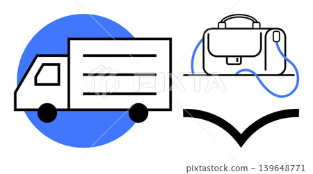 Delivery services, logistics, business solutions, supply chain, corporate shipping, professional tools. Minimalistic truck, briefcase and abstract symbol on a white background. Logistics Delivery services, logistics, business solutions, supply chain, corporate shipping, professional tools. Minimalistic truck, briefcase and abstract symbol on a white background. Logistics 139648771