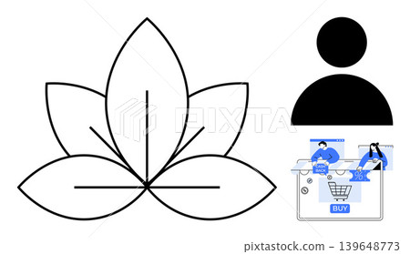 Wellness, e-commerce, digital shopping, customer interaction, branding, mindfulness. A lotus flower, human figure and online store graphics. Wellness and e-commerce concept Wellness, e-commerce, digital shopping, customer interaction, branding, mindfulness. A lotus flower, human figure and online store graphics. Wellness and e-commerce concept 139648773
