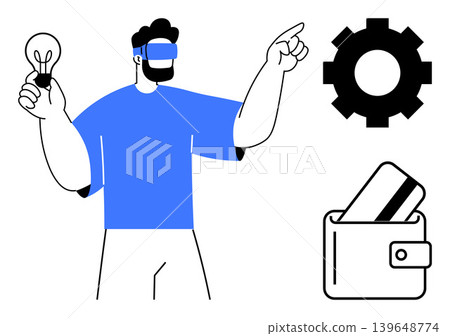 Virtual reality, innovation, fintech, e-commerce, technology concepts, and future vision. Man wearing VR headset holding a lightbulb pointing to a gear and a digital wallet. Virtual reality Virtual reality, innovation, fintech, e-commerce, technology concepts, and future vision. Man wearing VR headset holding a lightbulb pointing to a gear and a digital wallet. Virtual reality 139648774