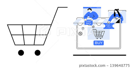 Online shopping, cashback offers, discounts, retail technology, e-commerce services, consumer purchase habits. Shopping cart icon next to a screen with digital purchasing elements. Online shopping Online shopping, cashback offers, discounts, retail technology, e-commerce services, consumer purchase habits. Shopping cart icon next to a screen with digital purchasing elements. Online shopping 139648775