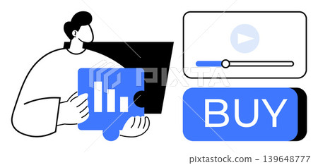 Digital marketing, e-commerce, content creation, data analytics, online business, customer engagement. Person holding a puzzle piece with a bar chart, video player and buy button. Digital marketing Digital marketing, e-commerce, content creation, data analytics, online business, customer engagement. Person holding a puzzle piece with a bar chart, video player and buy button. Digital marketing 139648777