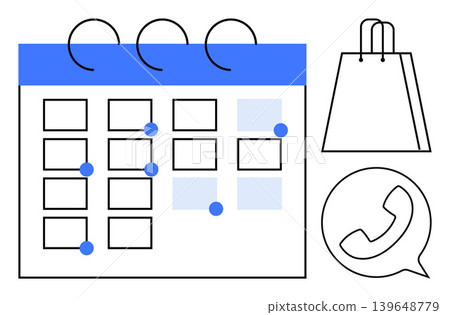 Time management, online shopping, business scheduling, customer service, communication, productivity. A calendar with marked dates, shopping bag and phone icon. Time management and online shopping Time management, online shopping, business scheduling, customer service, communication, productivity. A calendar with marked dates, shopping bag and phone icon. Time management and online shopping 139648779