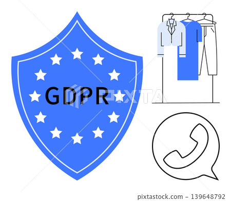 Data security, compliance, privacy, e-commerce, telecommunications, digital services. Blue shield with GDPR text, clothing rack and phone icon. Data security and compliance concept Data security, compliance, privacy, e-commerce, telecommunications, digital services. Blue shield with GDPR text, clothing rack and phone icon. Data security and compliance concept 139648792